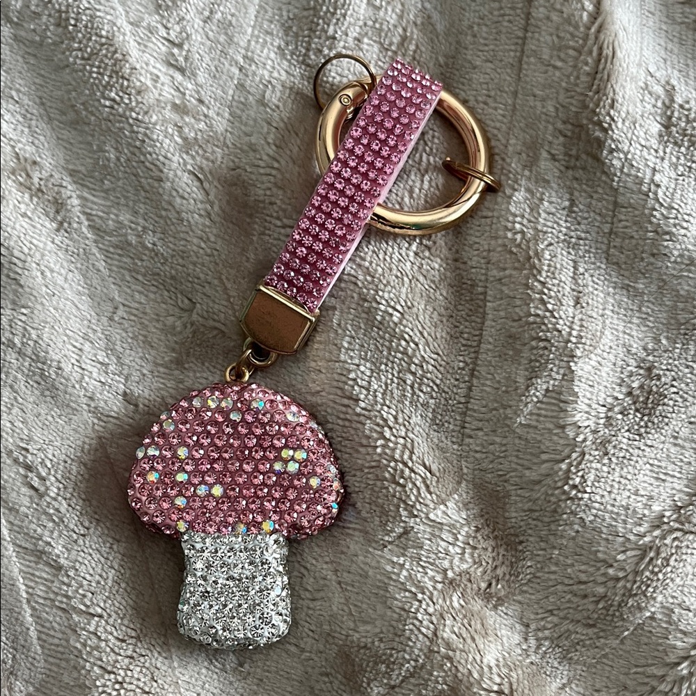 Pink and Silver Rhinestone Mushroom Keychain